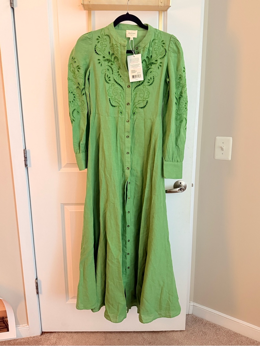 Sezane Light Green Embroidered Button-Front Maxi Dress